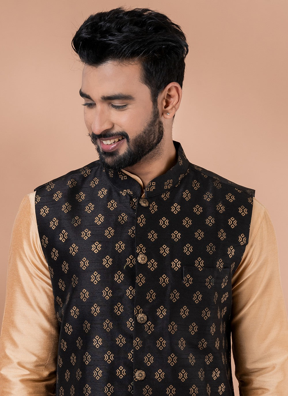 Plain Dupion Silk, Viscose Black, Brown Kurta Payjama With Jacket - M7734