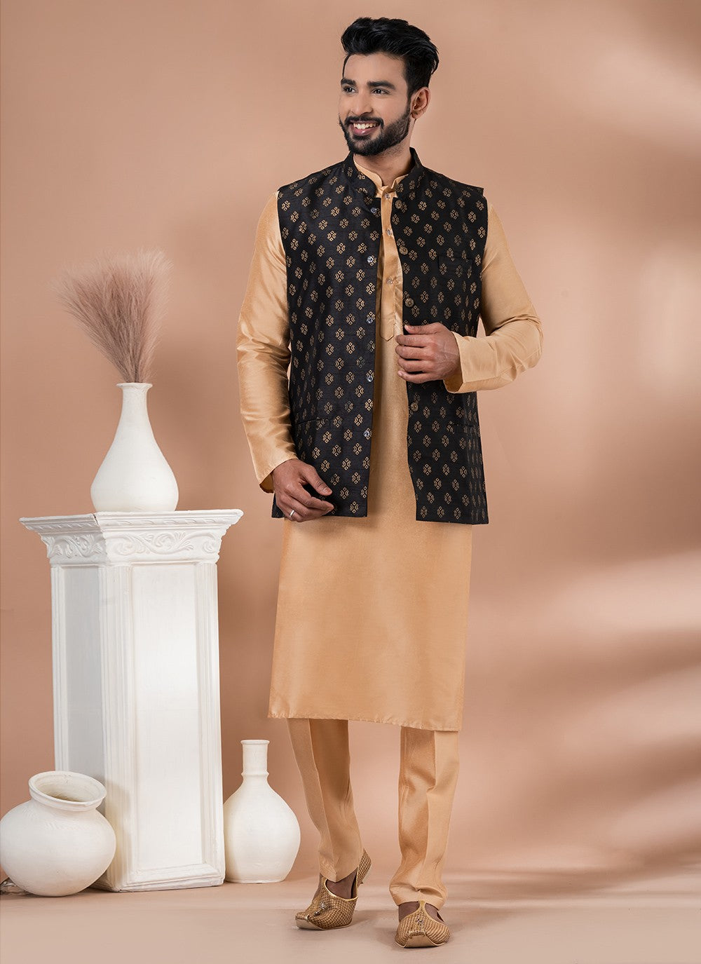 Plain Dupion Silk, Viscose Black, Brown Kurta Payjama With Jacket - M7734