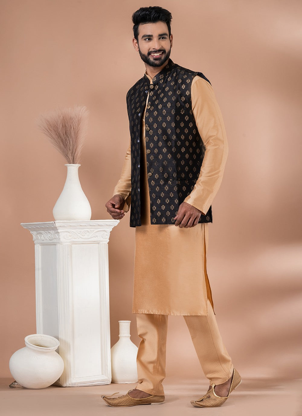 Plain Dupion Silk, Viscose Black, Brown Kurta Payjama With Jacket - M7734