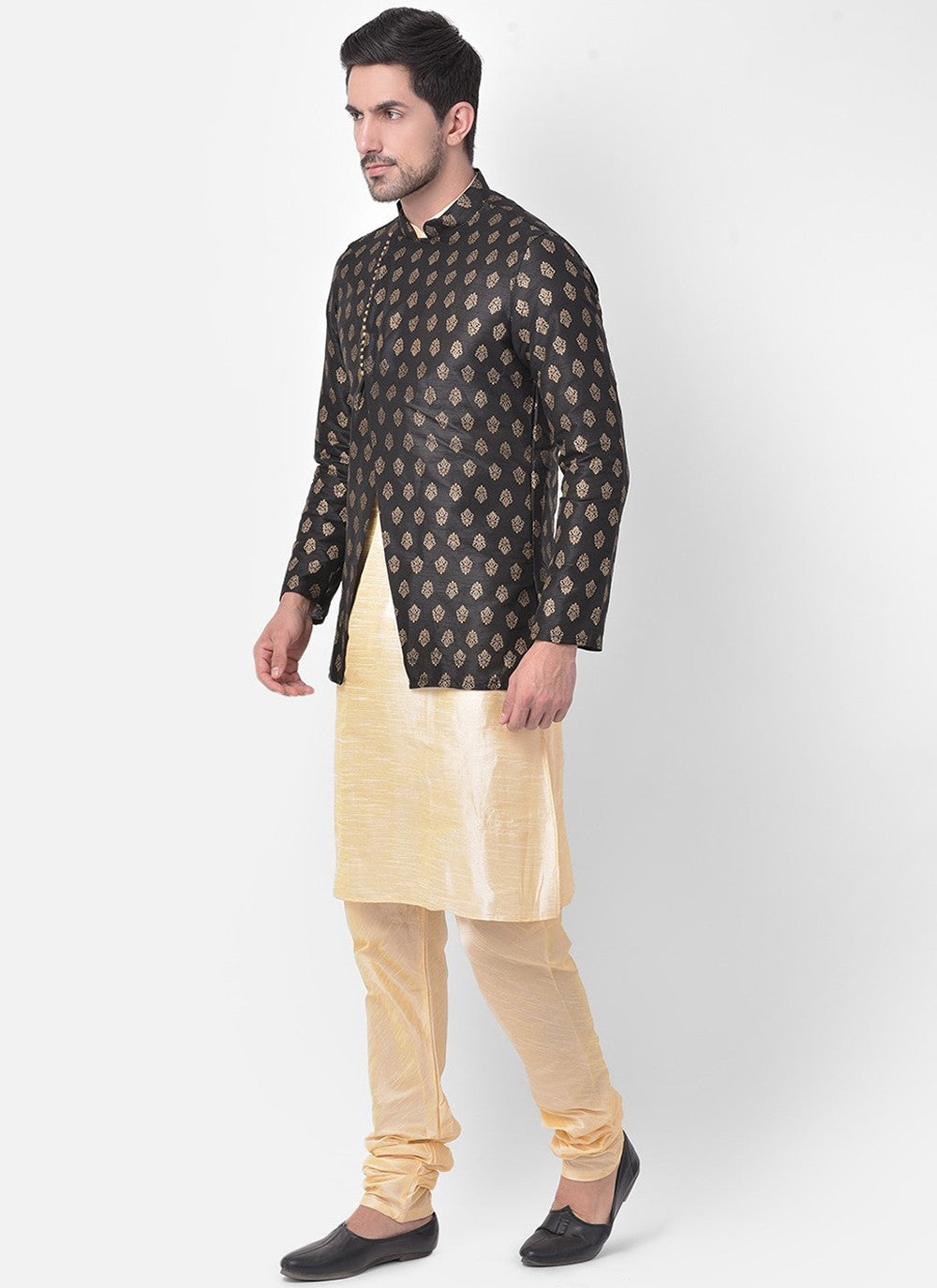 Fancy Work Dupion Silk Black, Cream Kurta Payjama With Jacket - M5222