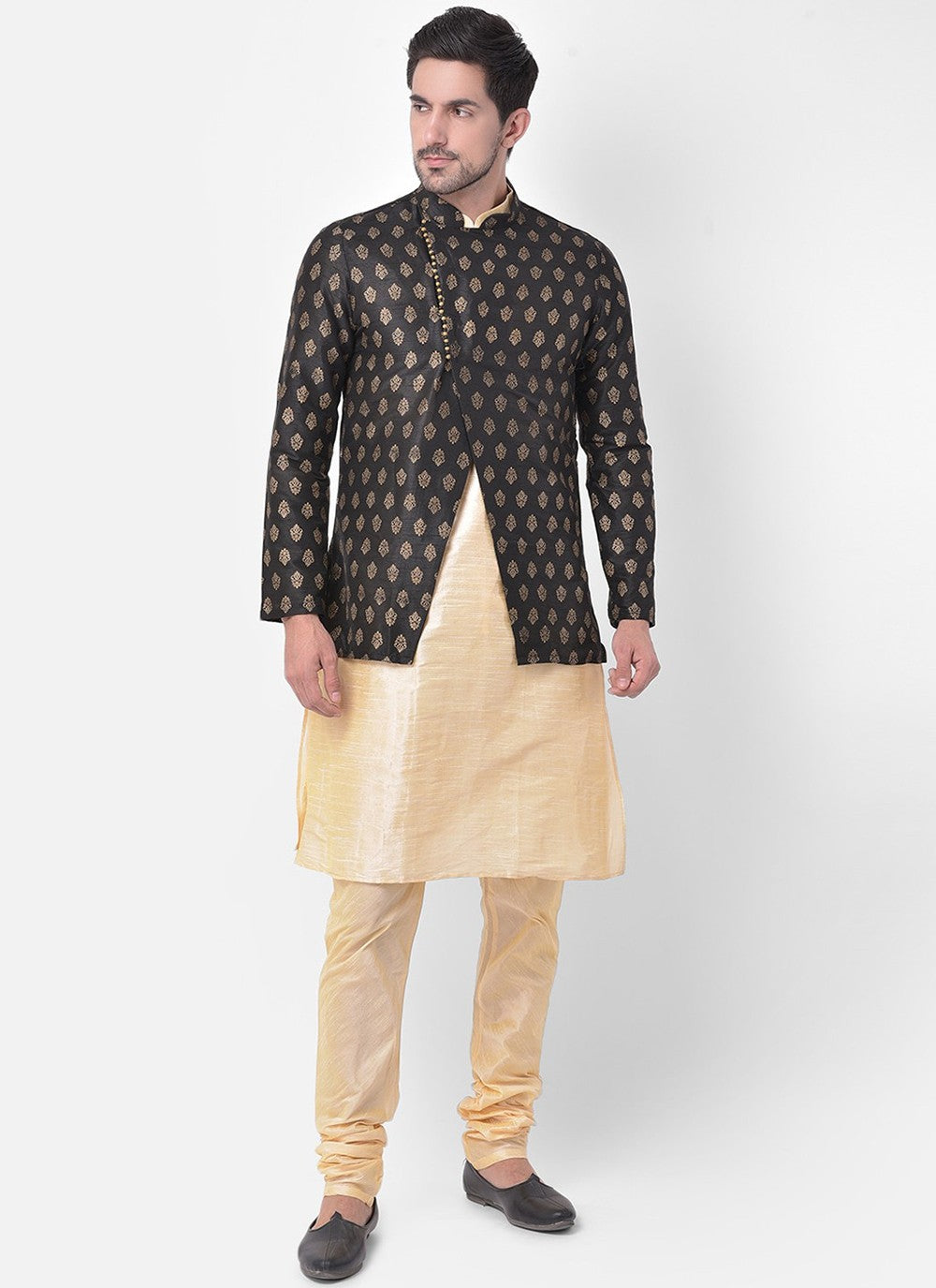 Fancy Work Dupion Silk Black, Cream Kurta Payjama With Jacket - M5222