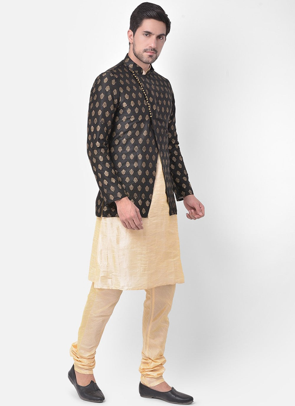 Fancy Work Dupion Silk Black, Cream Kurta Payjama With Jacket - M5222