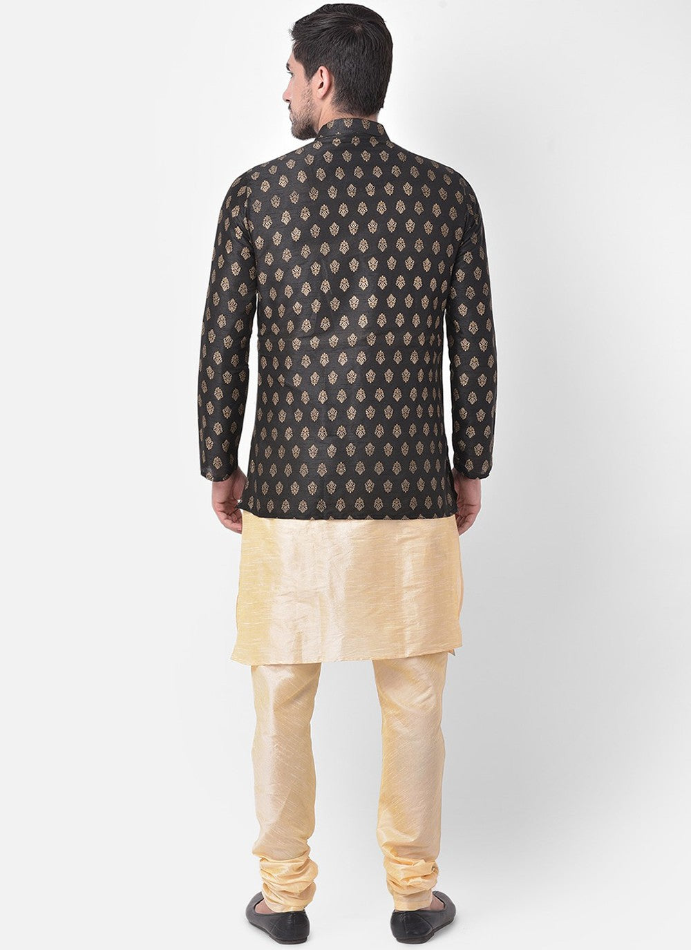 Fancy Work Dupion Silk Black, Cream Kurta Payjama With Jacket - M5222