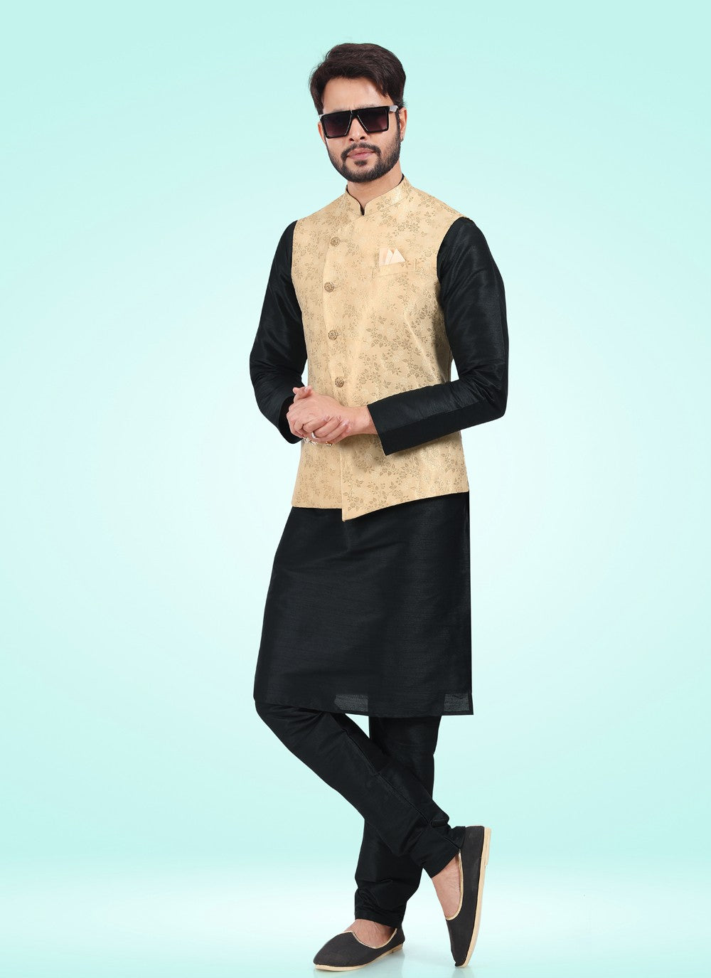 Fancy Work Banarasi Jacquard Black, Gold Kurta Payjama With Jacket - M4600