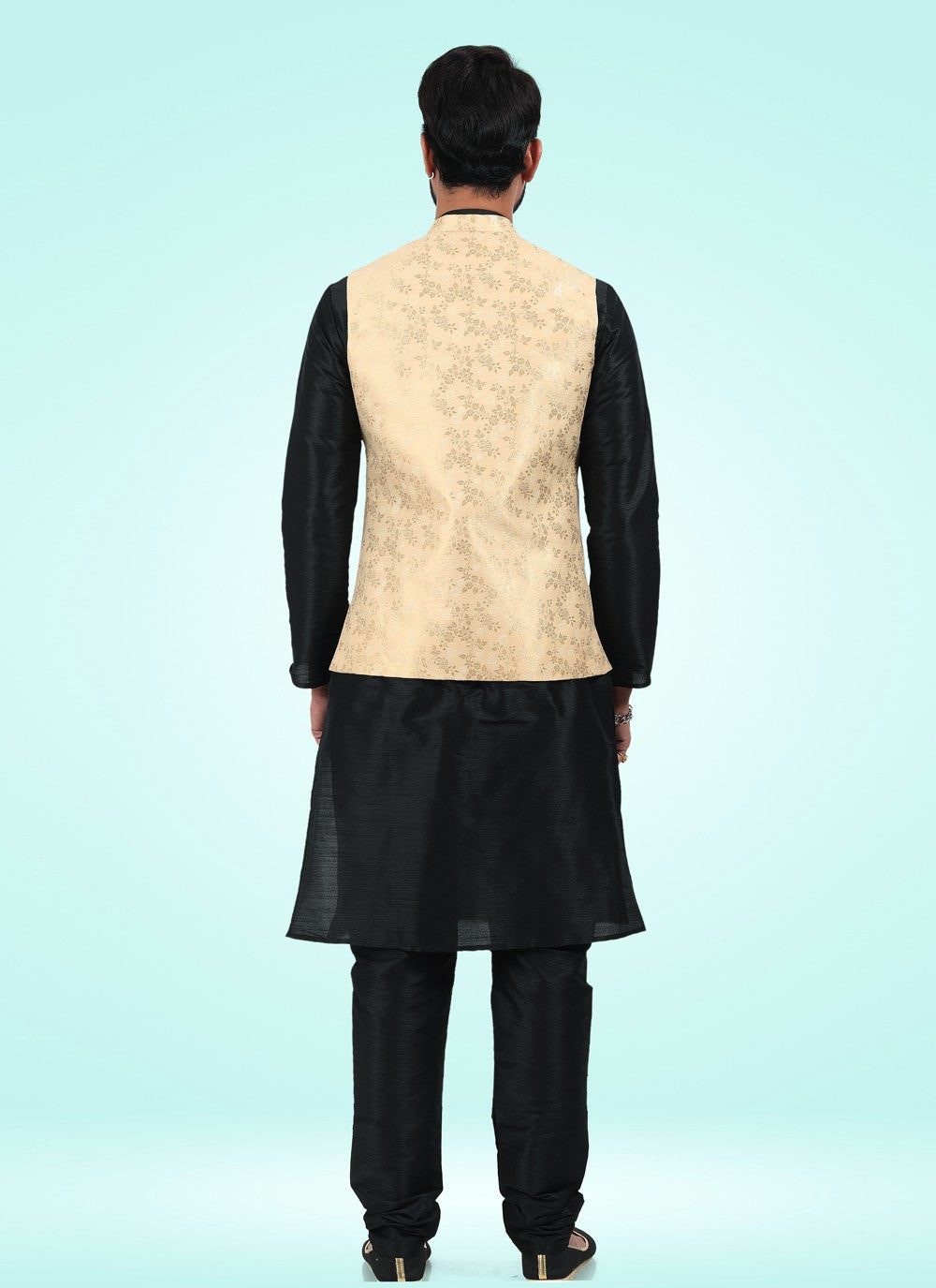 Fancy Work Banarasi Jacquard Black, Gold Kurta Payjama With Jacket - M4600