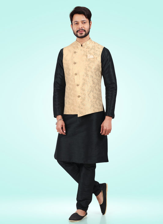 Fancy Work Banarasi Jacquard Black, Gold Kurta Payjama With Jacket - M4600