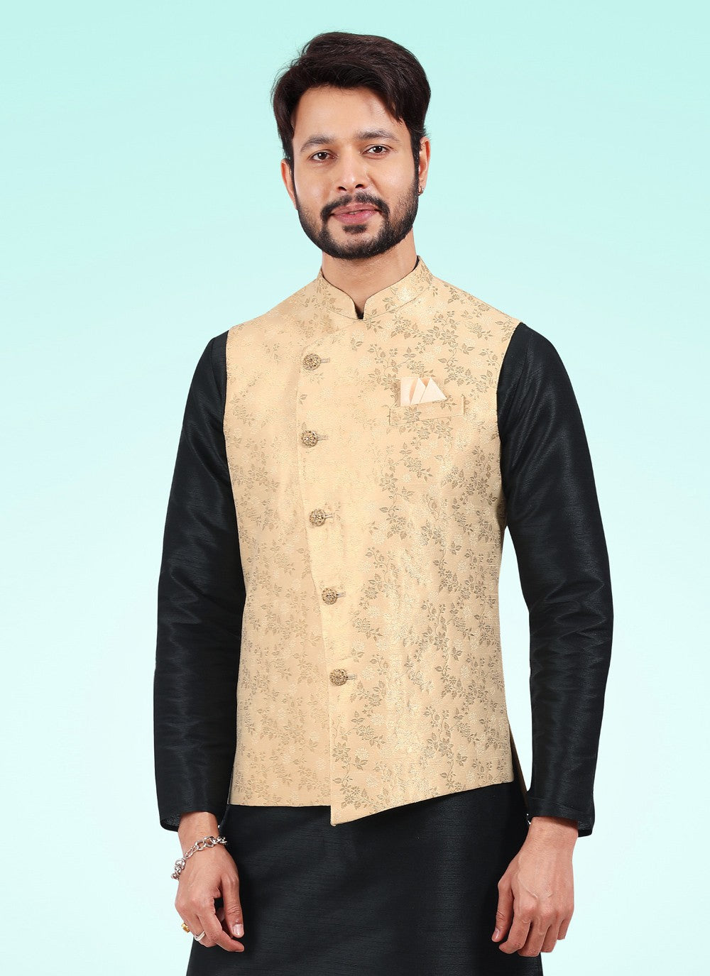 Fancy Work Banarasi Jacquard Black, Gold Kurta Payjama With Jacket - M4600