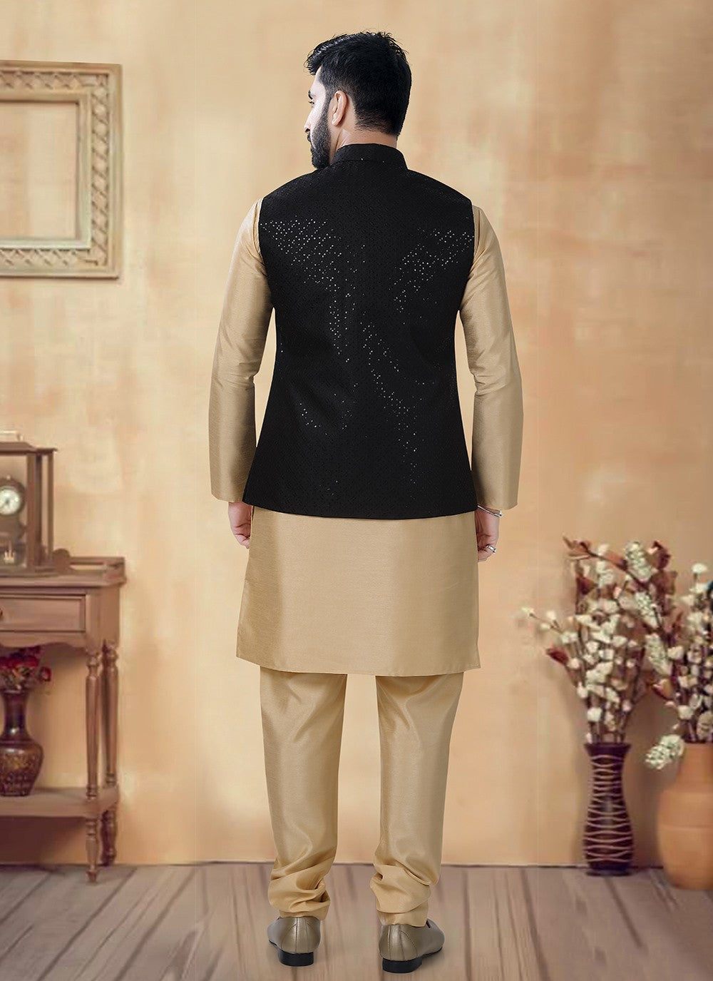 Sequins Silk Black, Gold Kurta Payjama With Jacket - M8479