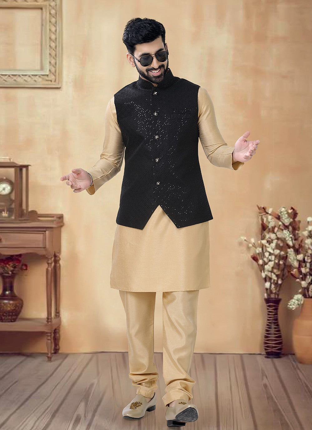 Sequins Silk Black, Gold Kurta Payjama With Jacket - M8479