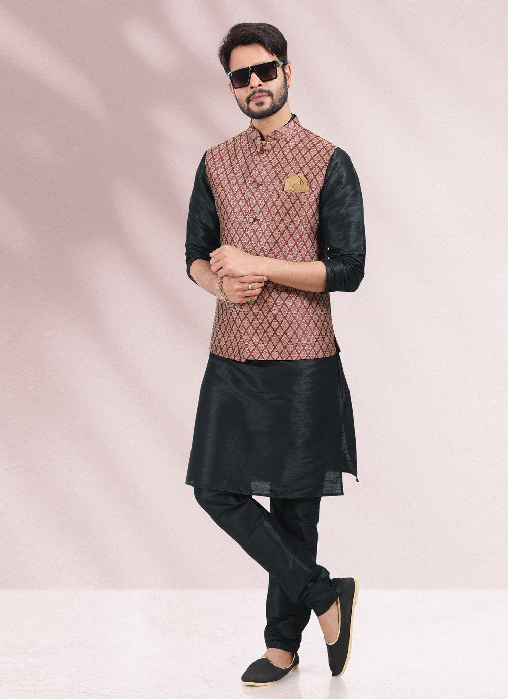 Jacquard Work Banarasi Silk, Jacquard Black, Maroon Kurta Payjama With Jacket - M4882