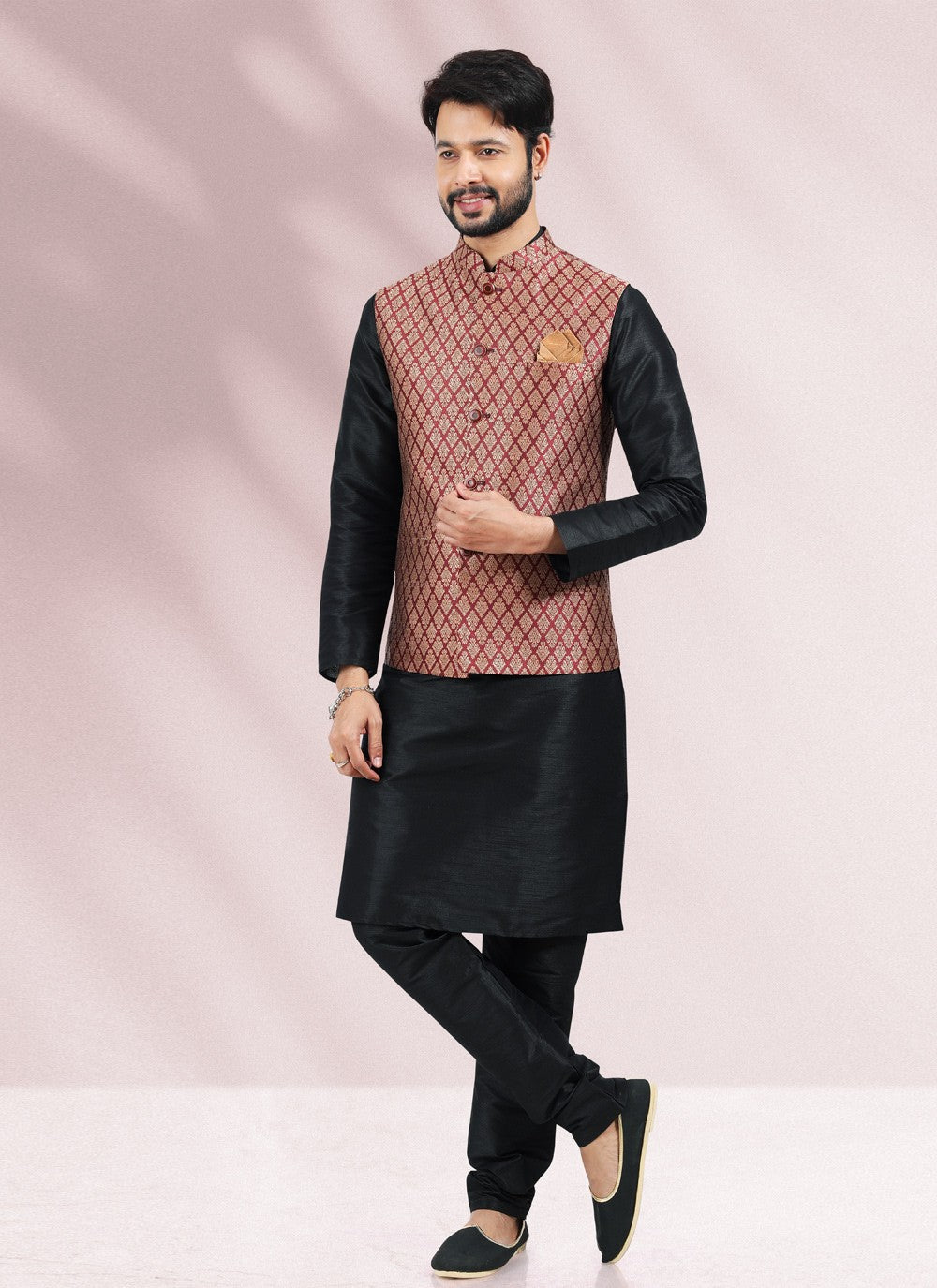 Jacquard Work Banarasi Silk, Jacquard Black, Maroon Kurta Payjama With Jacket - M4882