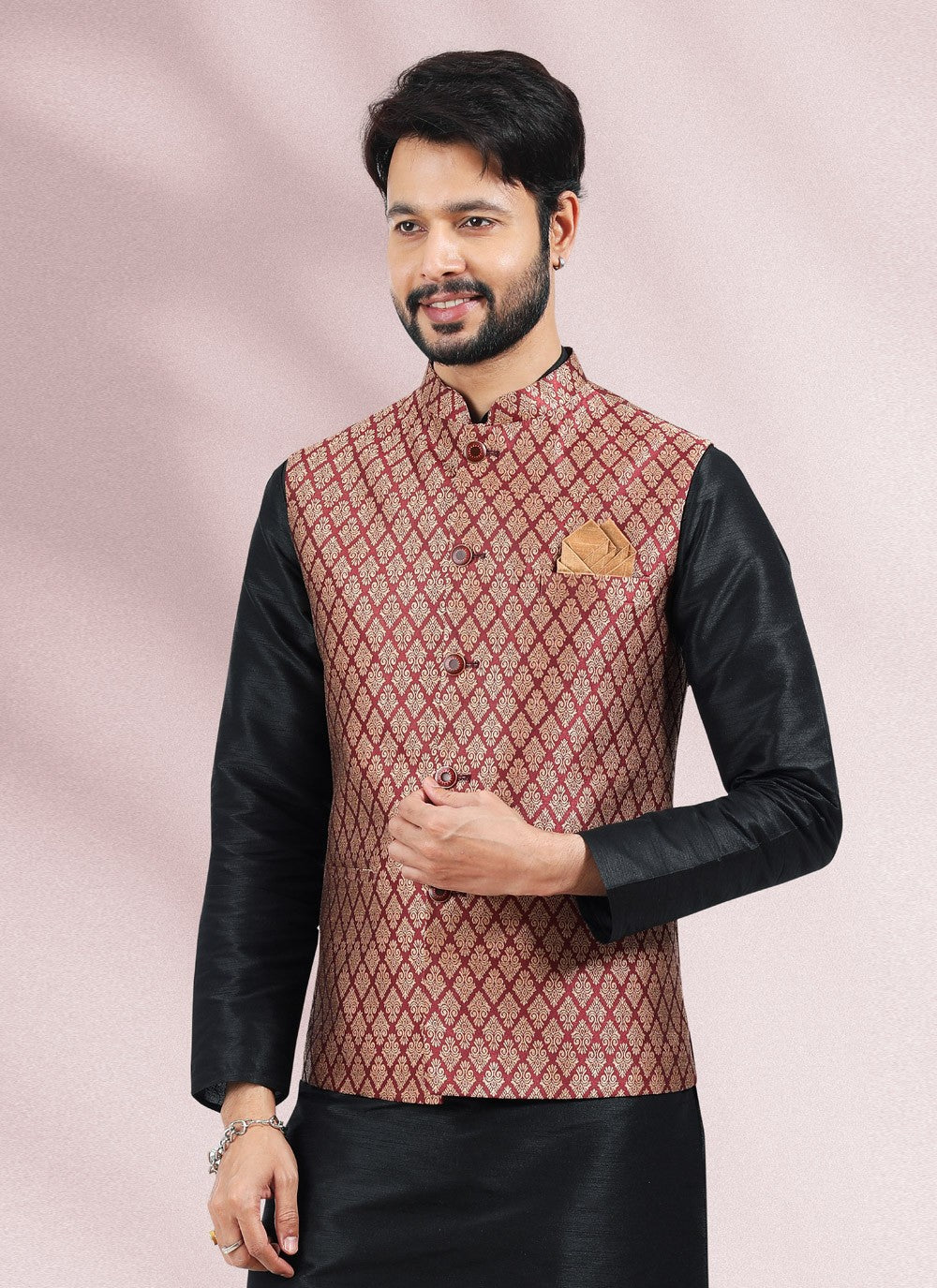 Jacquard Work Banarasi Silk, Jacquard Black, Maroon Kurta Payjama With Jacket - M4882