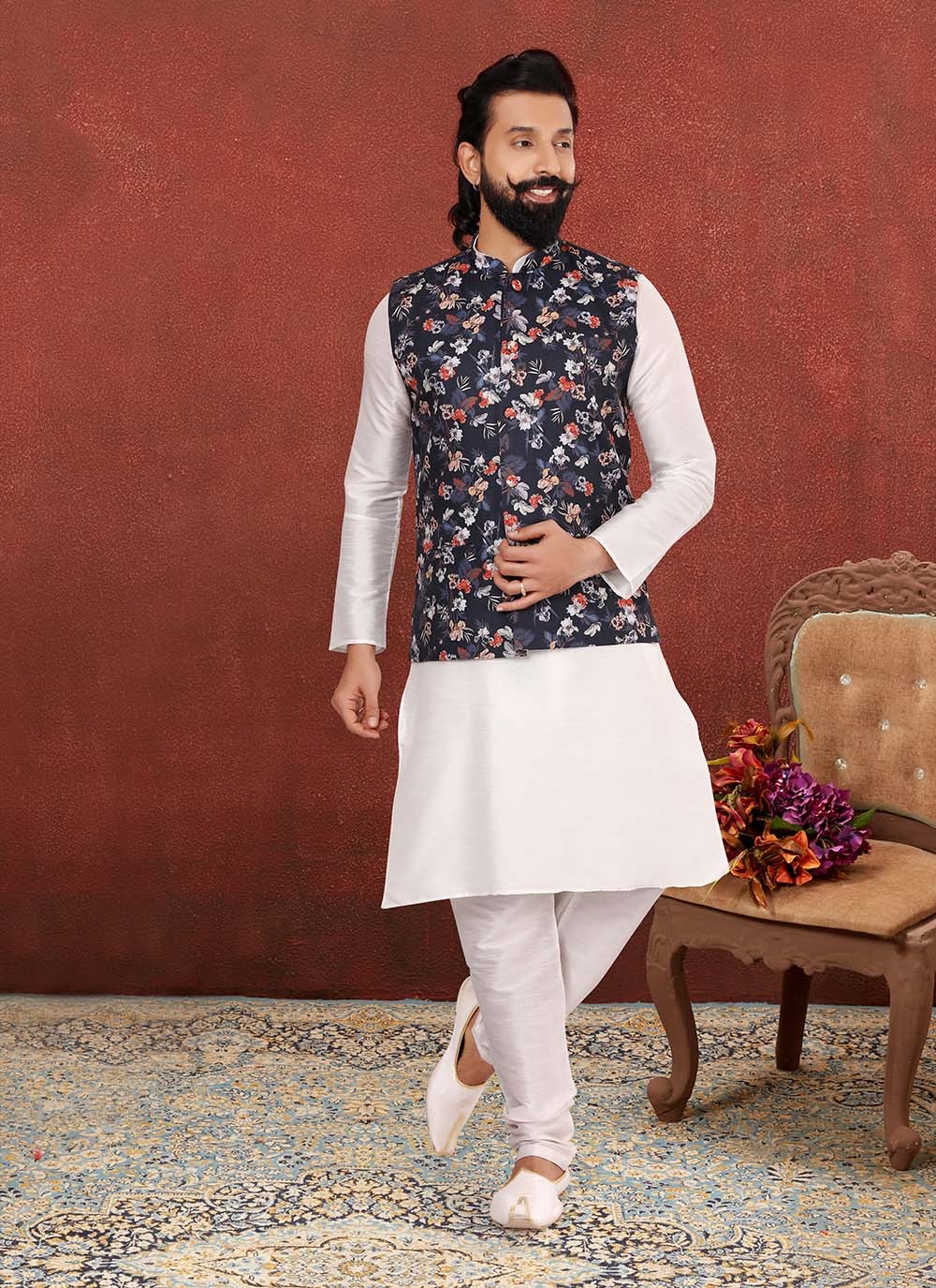 Printed Cotton , Dupion Silk Black, Off White Kurta Payjama With Jacket - M2544