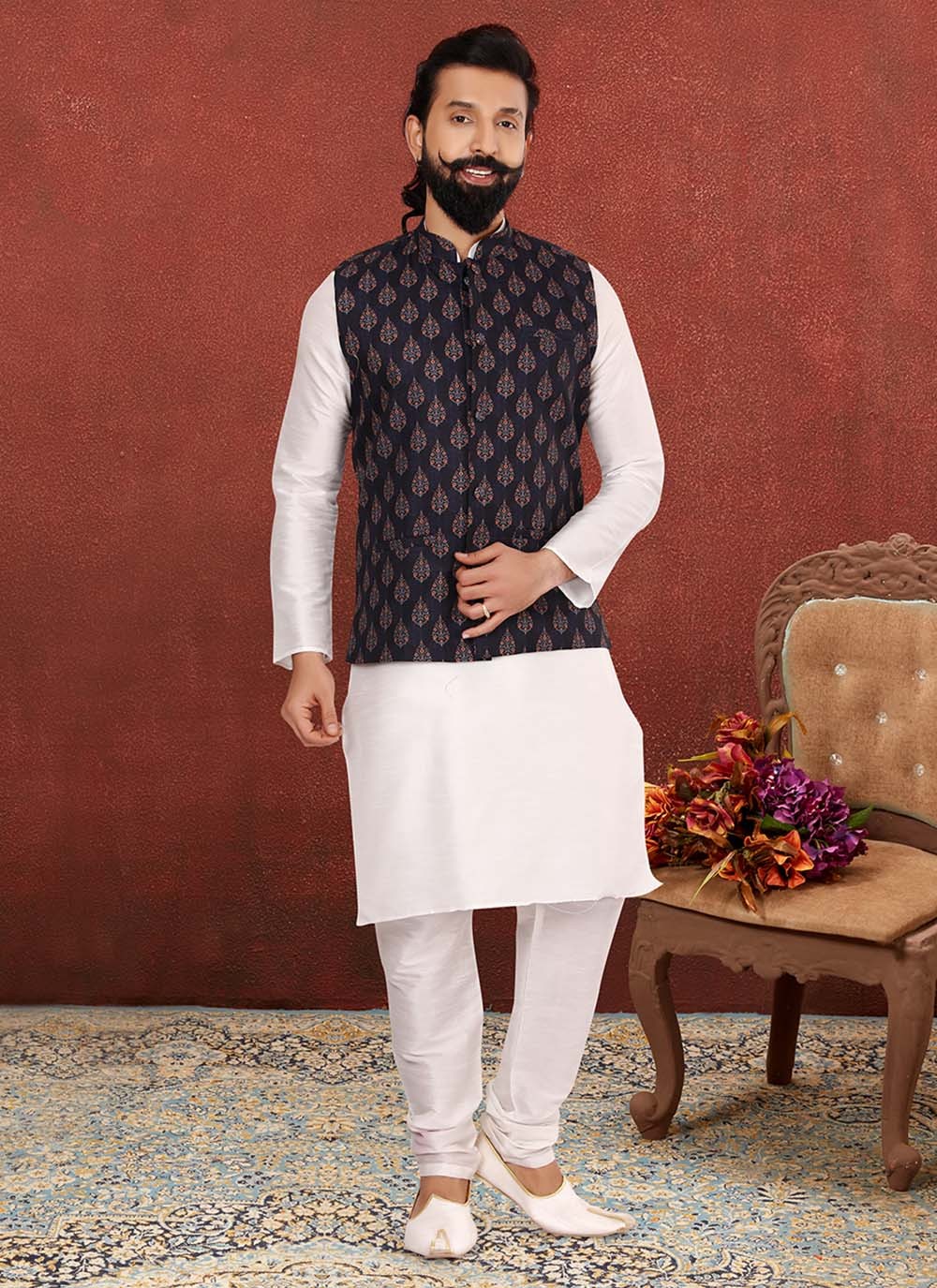 Printed Cotton , Dupion Silk Black, Off White Kurta Payjama With Jacket - M2545