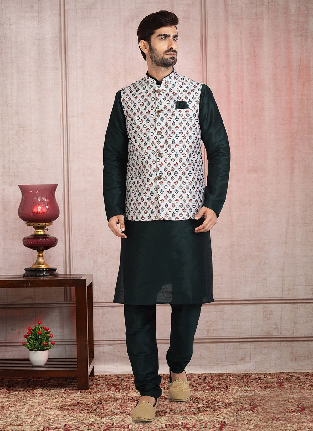 Printed Banarasi Silk Black, Off White Kurta Payjama With Jacket - M2725