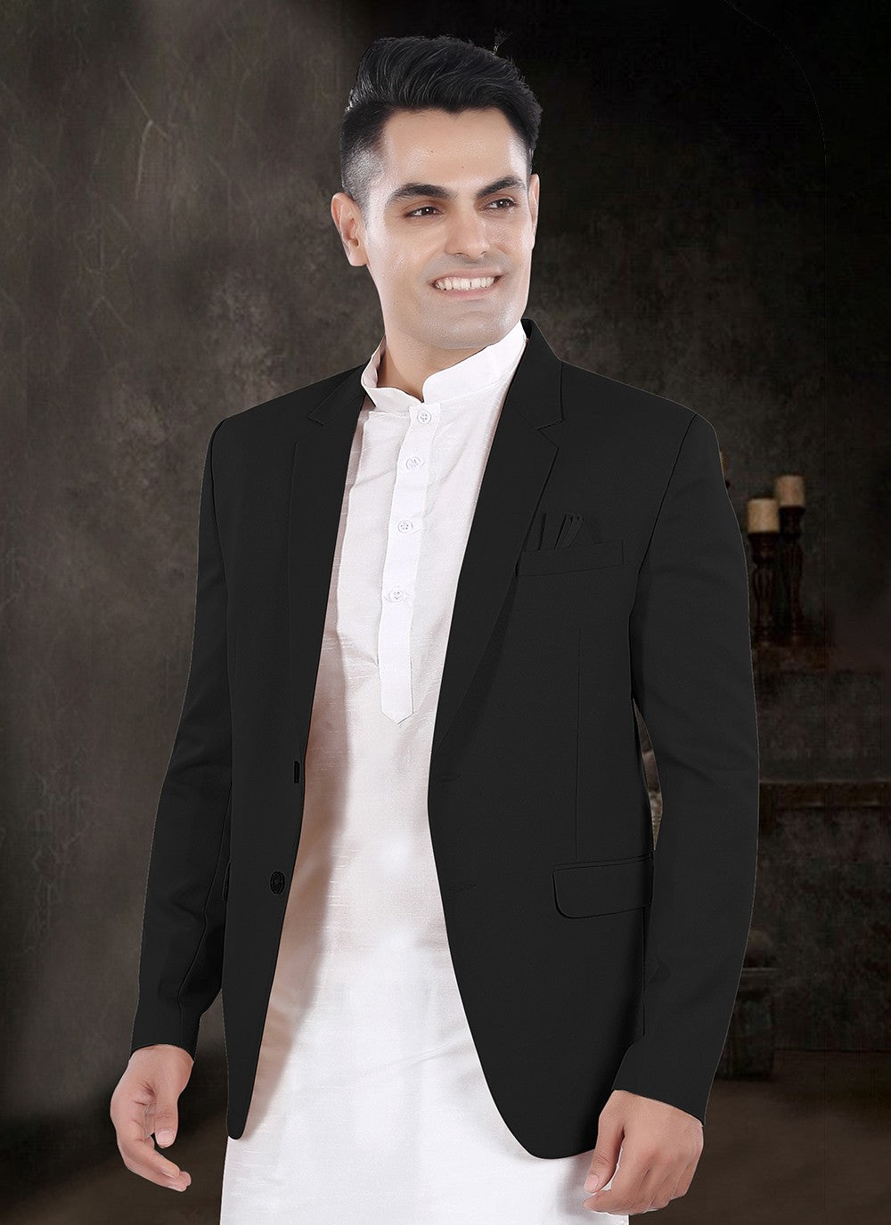 Plain Silk, Viscose Black, Off White Kurta Payjama With Jacket - M8162