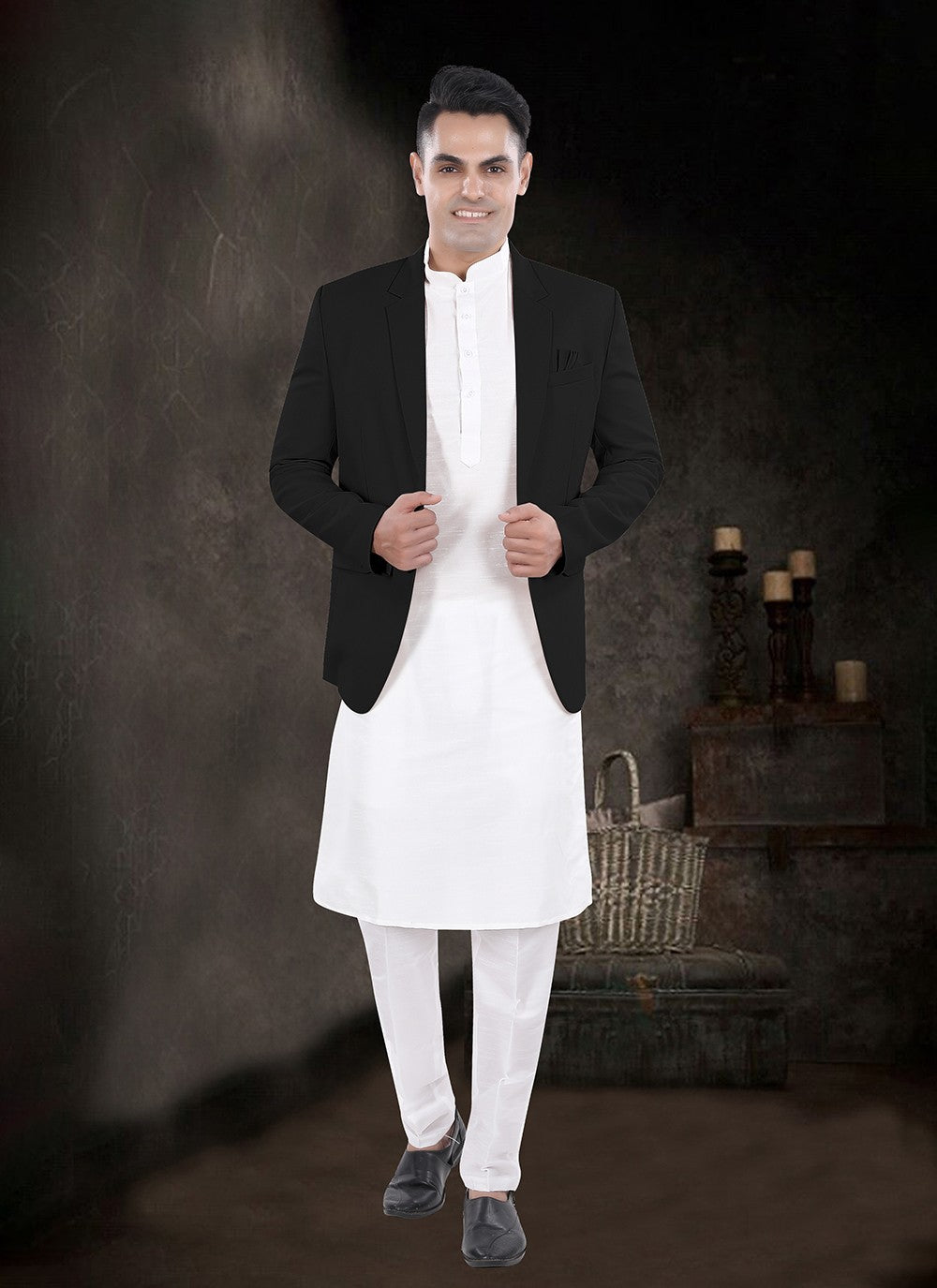 Plain Silk, Viscose Black, Off White Kurta Payjama With Jacket - M8162