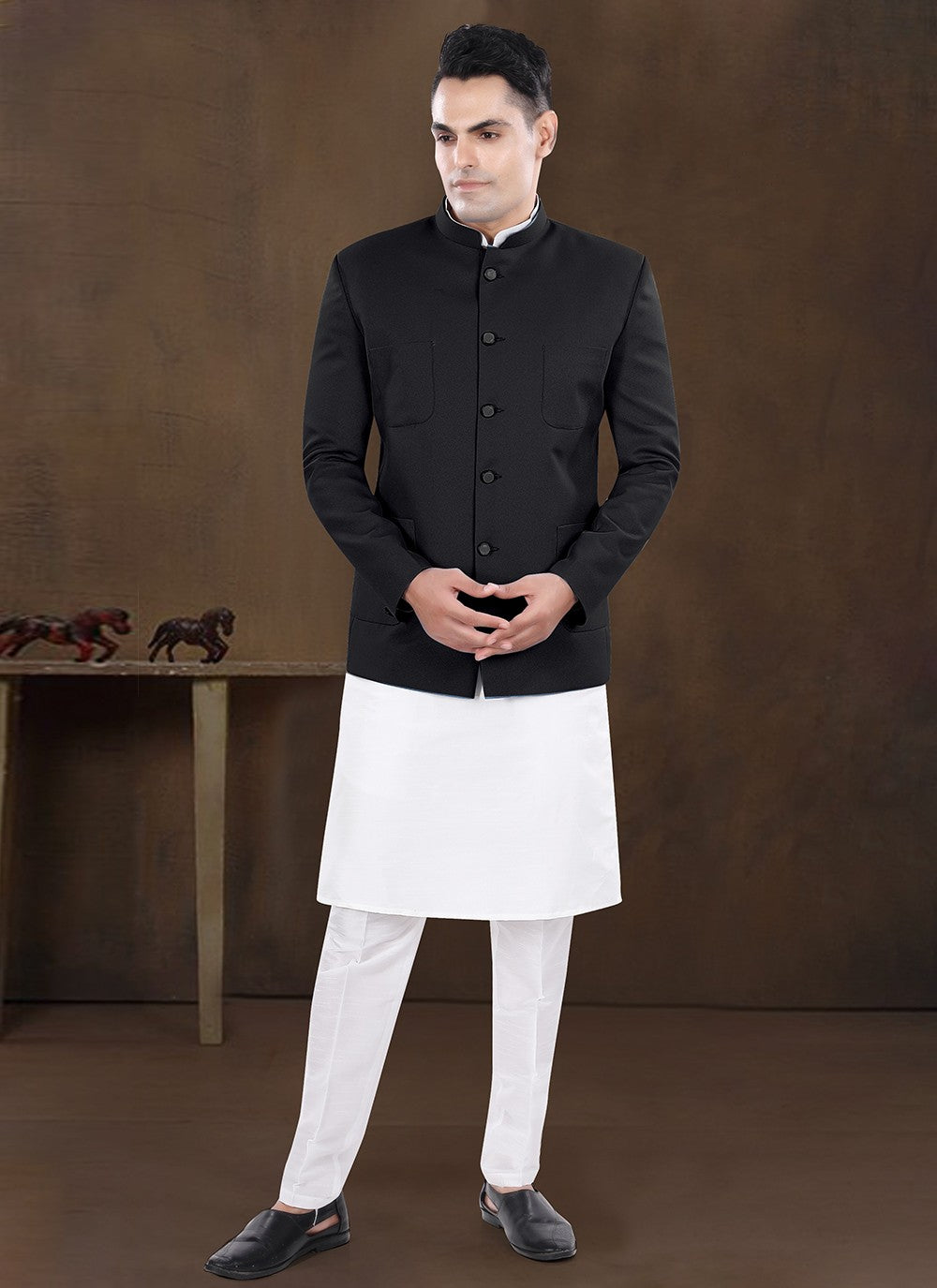 Plain Silk, Viscose Black, Off White Kurta Payjama With Jacket - M8217