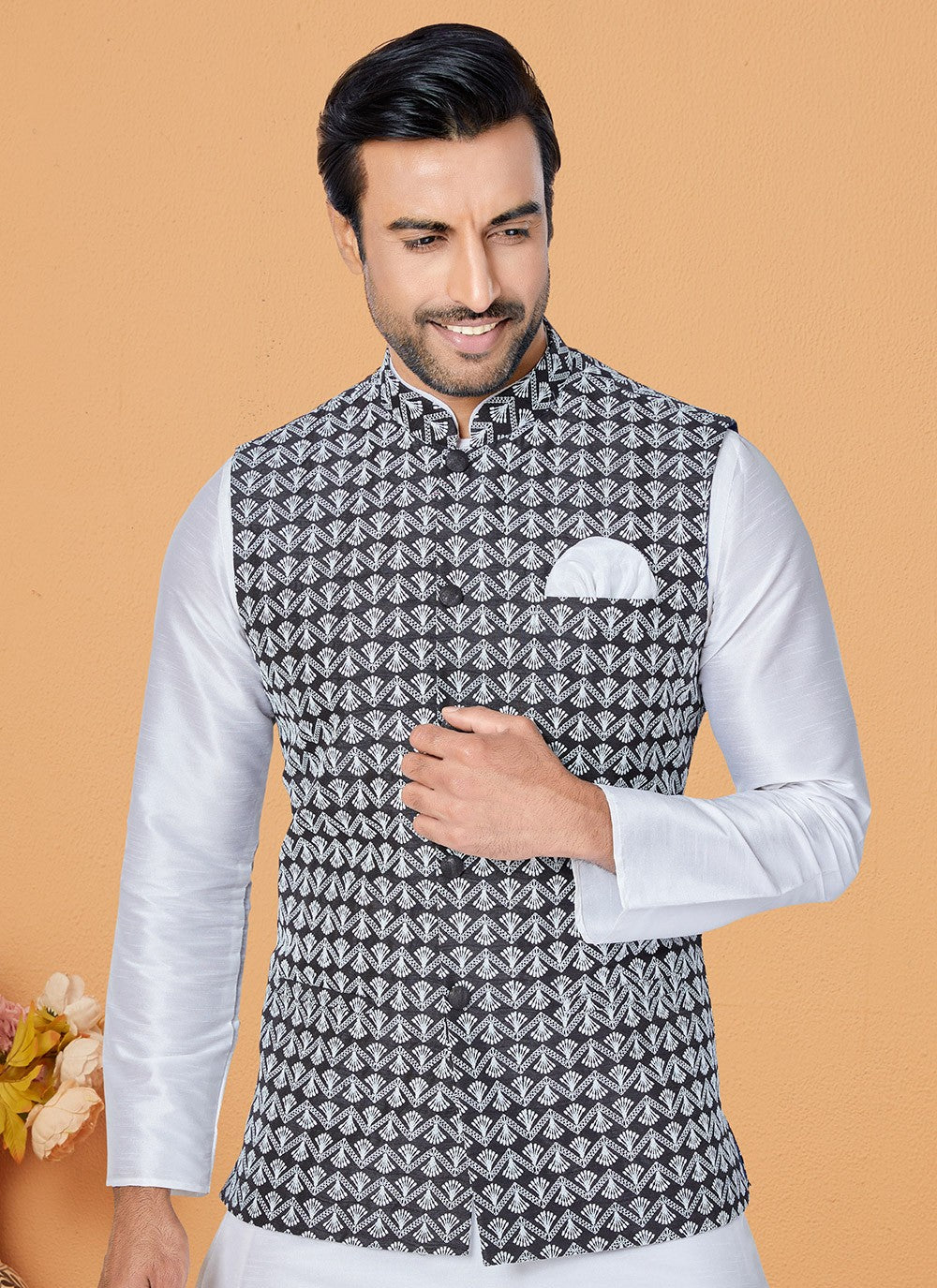 Fancy Work Banarasi Silk Black, Off White Kurta Payjama With Jacket - M5314