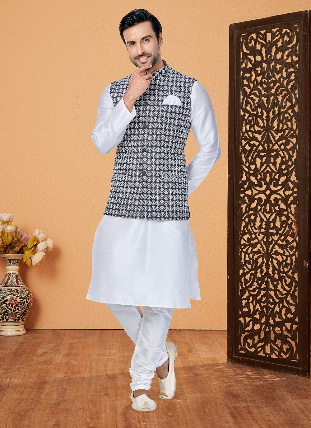 Fancy Work Banarasi Silk Black, Off White Kurta Payjama With Jacket - M5314