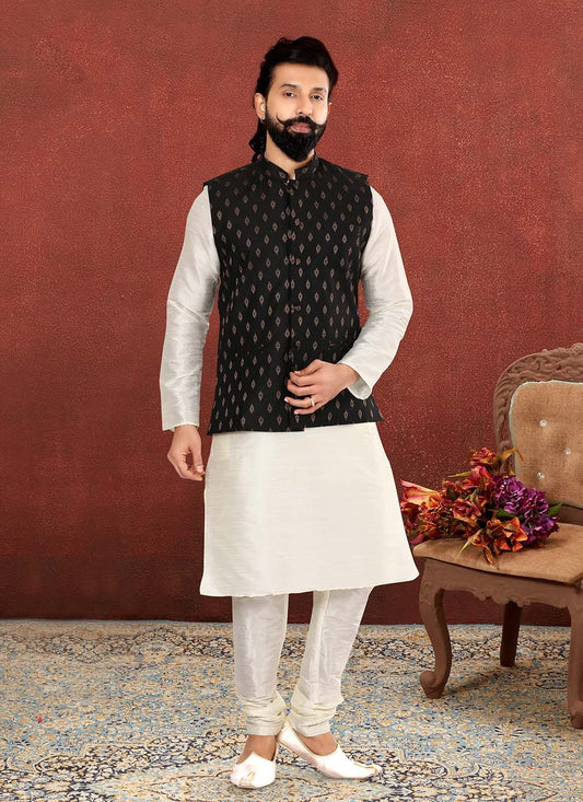 Jacquard Work Cotton Black, Off White Kurta Payjama With Jacket - M2563