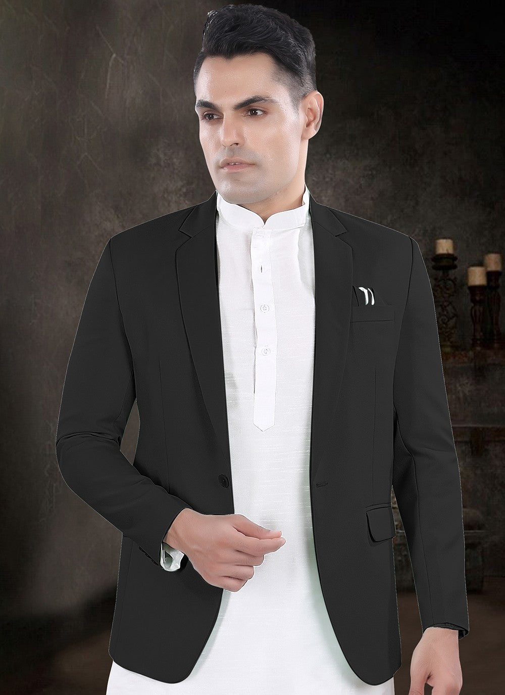 Plain Silk, Viscose Black, Off White Kurta Payjama With Jacket - M8177