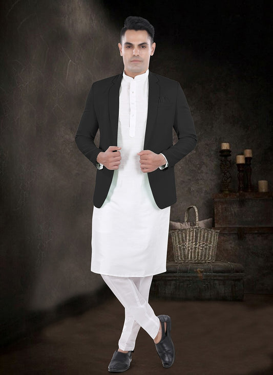 Plain Silk, Viscose Black, Off White Kurta Payjama With Jacket - M8177