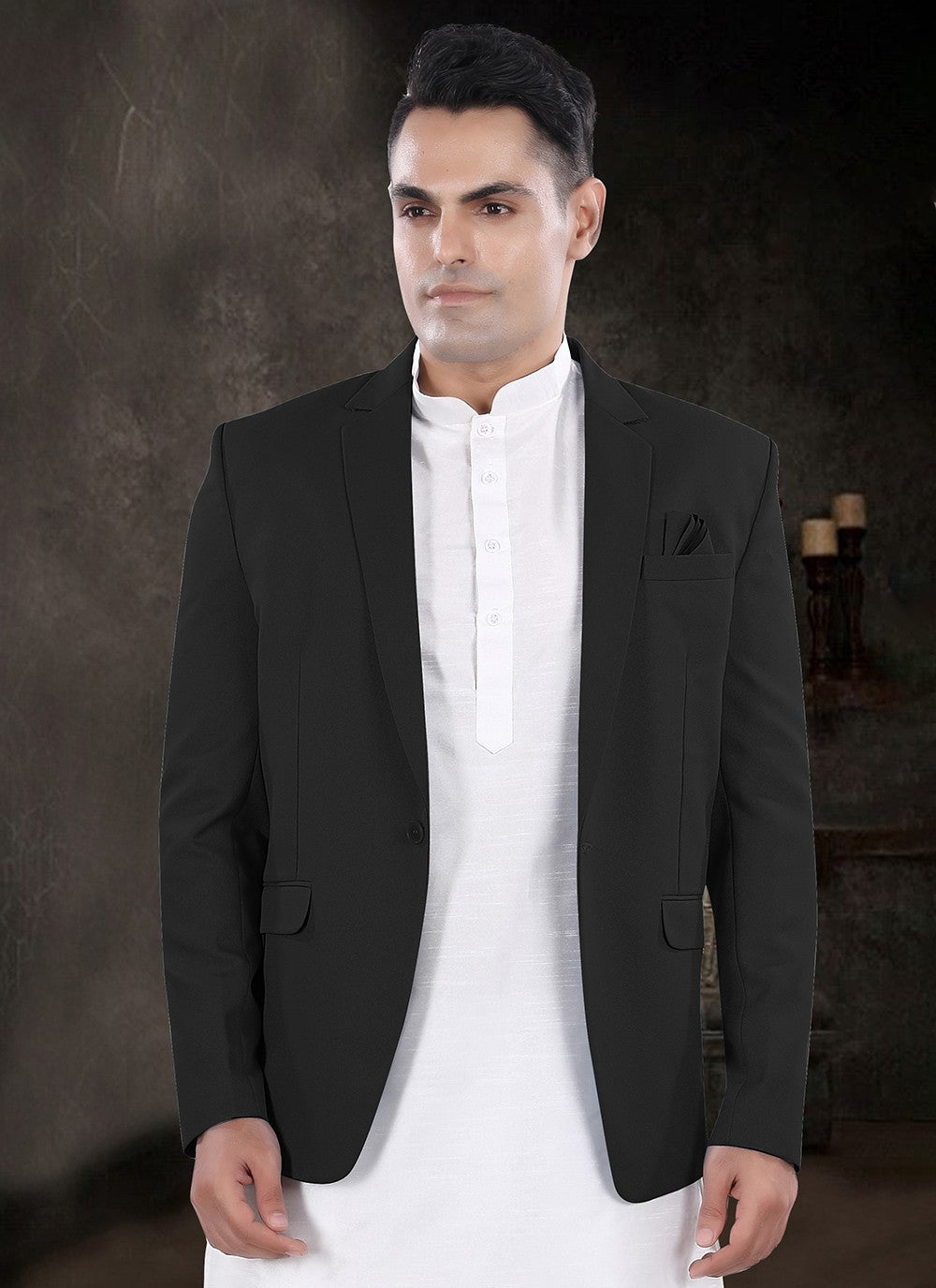 Plain Silk, Viscose Black, Off White Kurta Payjama With Jacket - M8158