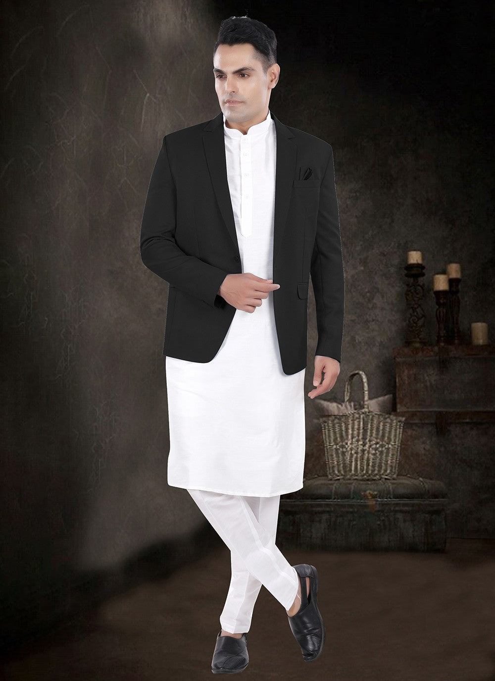 Plain Silk, Viscose Black, Off White Kurta Payjama With Jacket - M8158