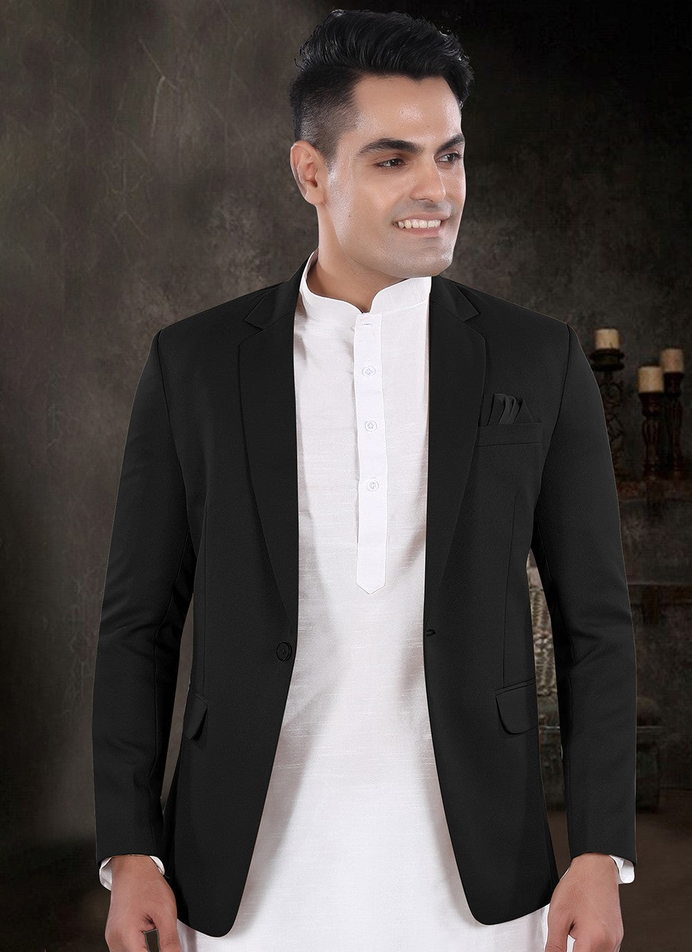 Plain Silk, Viscose Black, Off White Kurta Payjama With Jacket - M8181