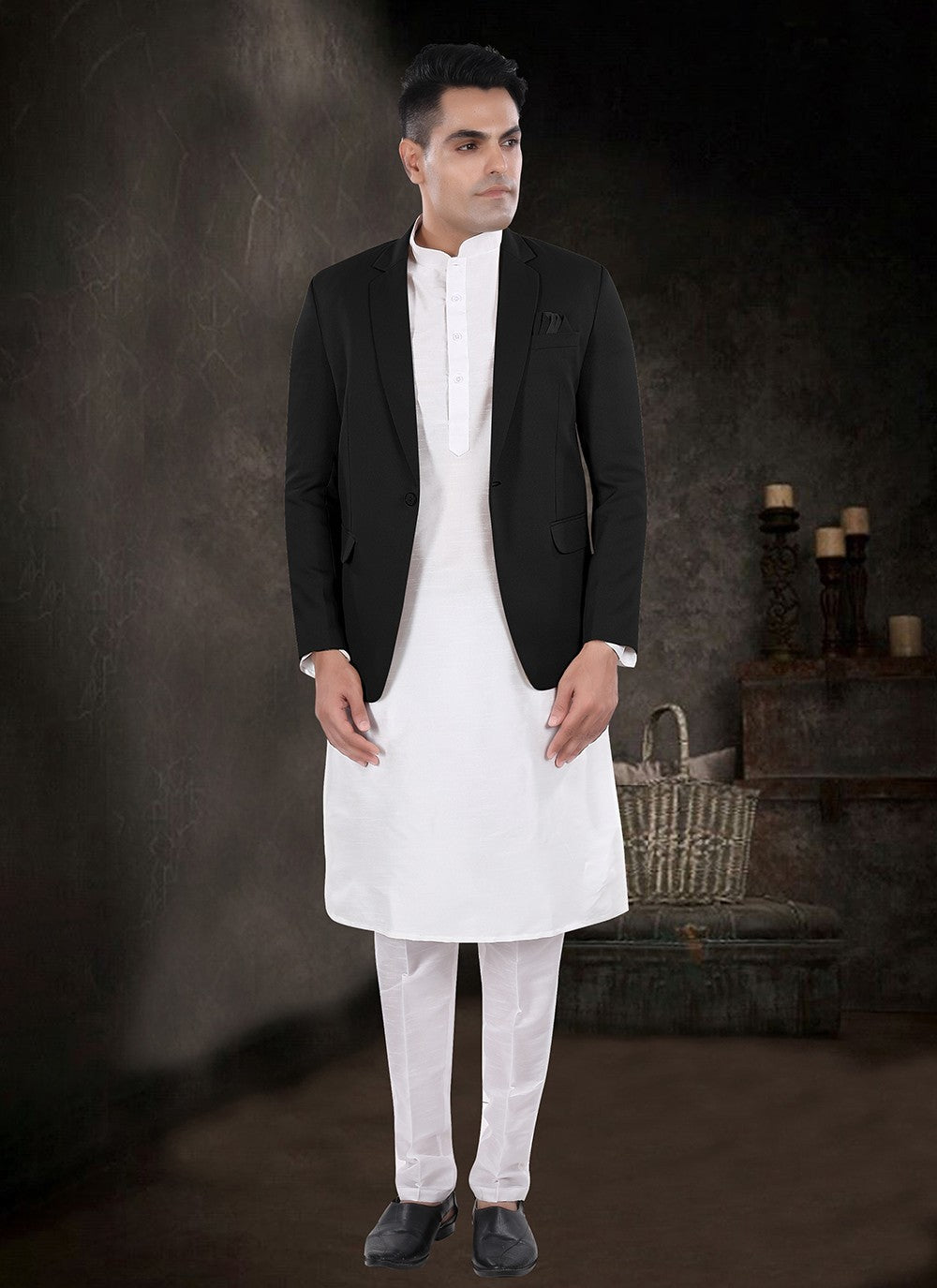 Plain Silk, Viscose Black, Off White Kurta Payjama With Jacket - M8181