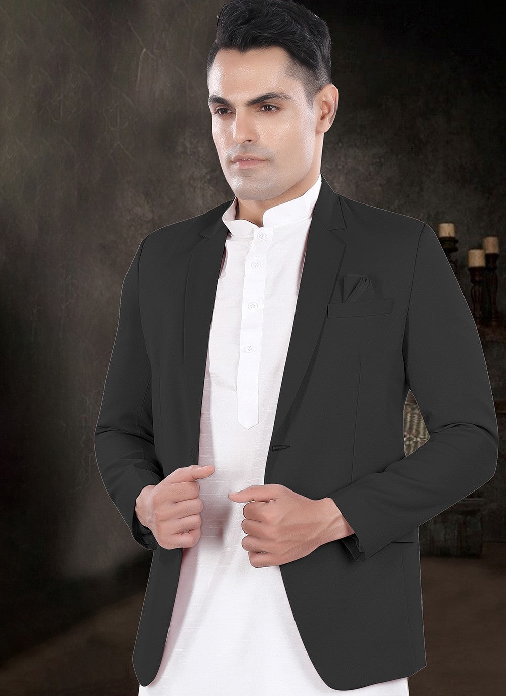 Plain Silk, Viscose Black, Off White Kurta Payjama With Jacket - M8154