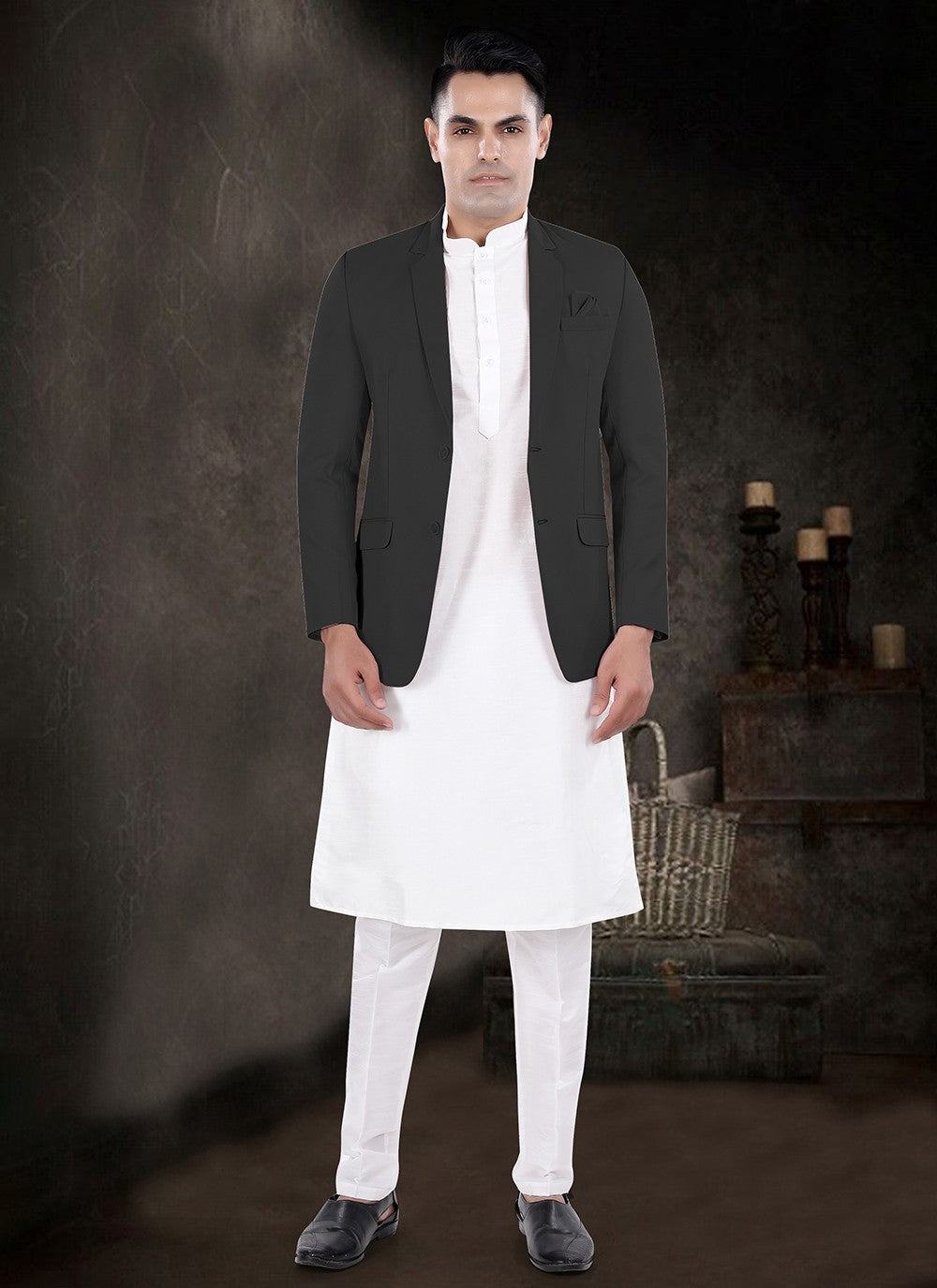 Plain Silk, Viscose Black, Off White Kurta Payjama With Jacket - M8154