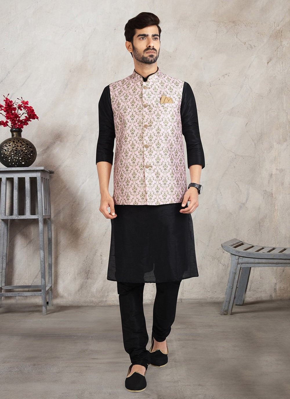 Printed Banarasi Silk Black, Pink Kurta Payjama With Jacket - M2727