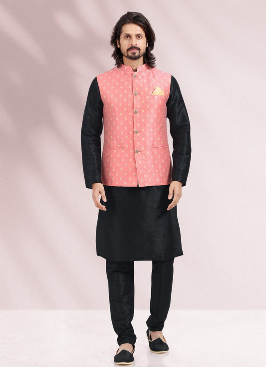 Jacquard Work Banarasi Silk, Jacquard Black, Pink Kurta Payjama With Jacket - M4876