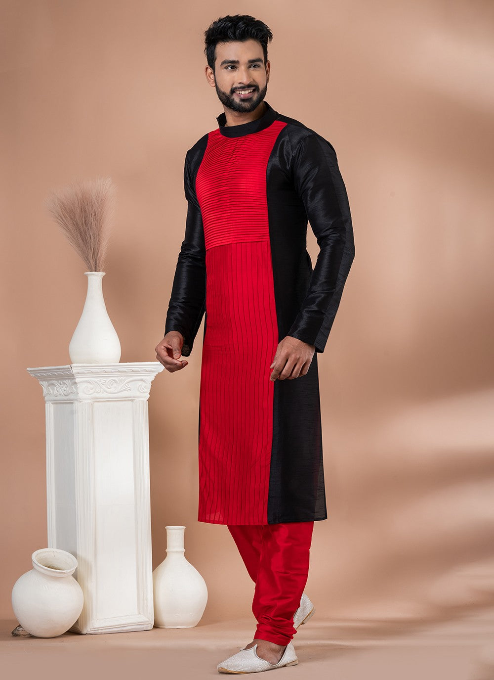 Fancy Work Banarasi Silk Black, Red Kurta Pyjama - M6990