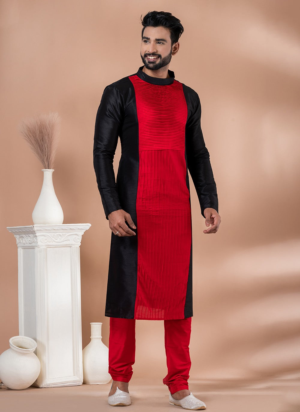 Fancy Work Banarasi Silk Black, Red Kurta Pyjama - M6990