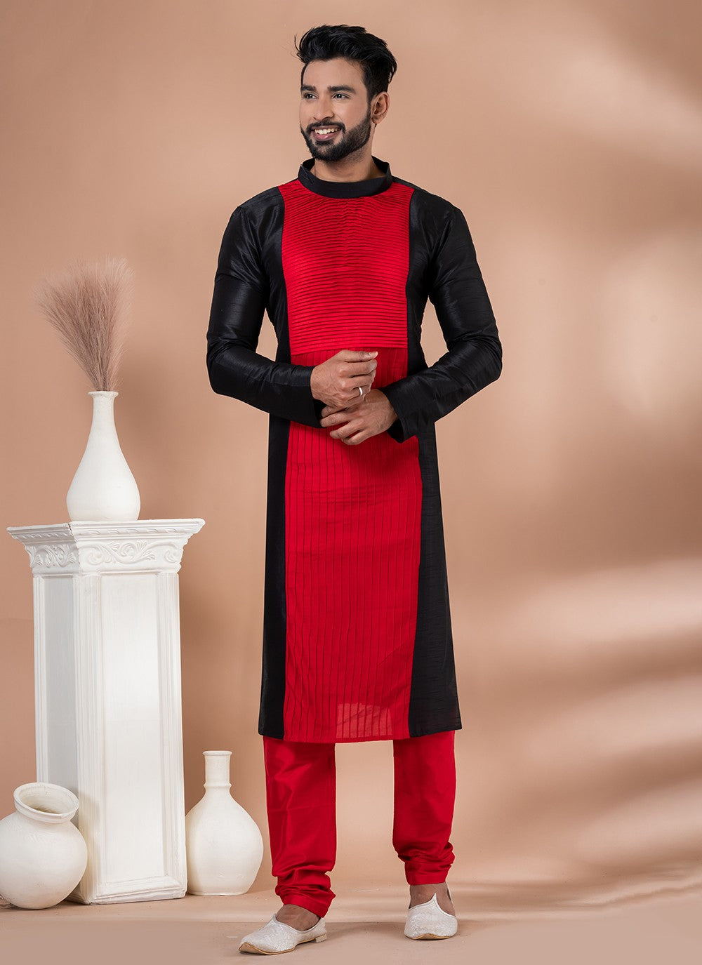 Fancy Work Banarasi Silk Black, Red Kurta Pyjama - M6990