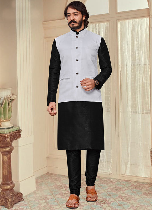 Plain Art Silk, Jute Silk Black, White Kurta Payjama With Jacket - M2051