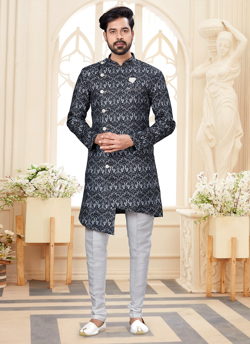 Digital Print Jacquard Black, White Indo Western - M2929