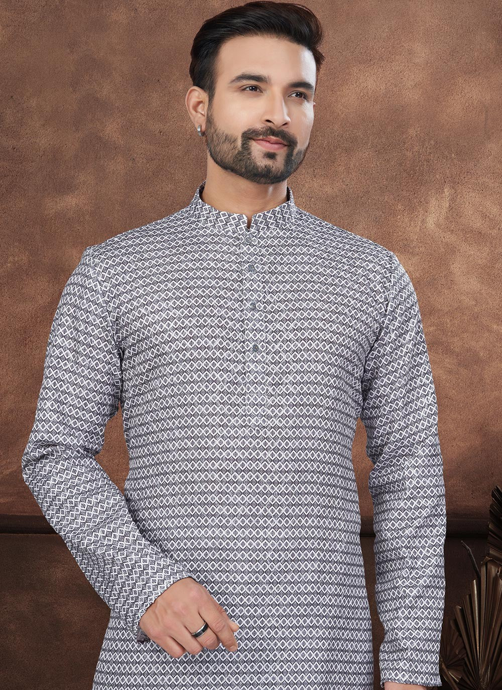 Digital Print Jacquard Black, White Kurta Pyjama - M8702