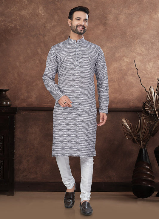 Digital Print Jacquard Black, White Kurta Pyjama - M8702