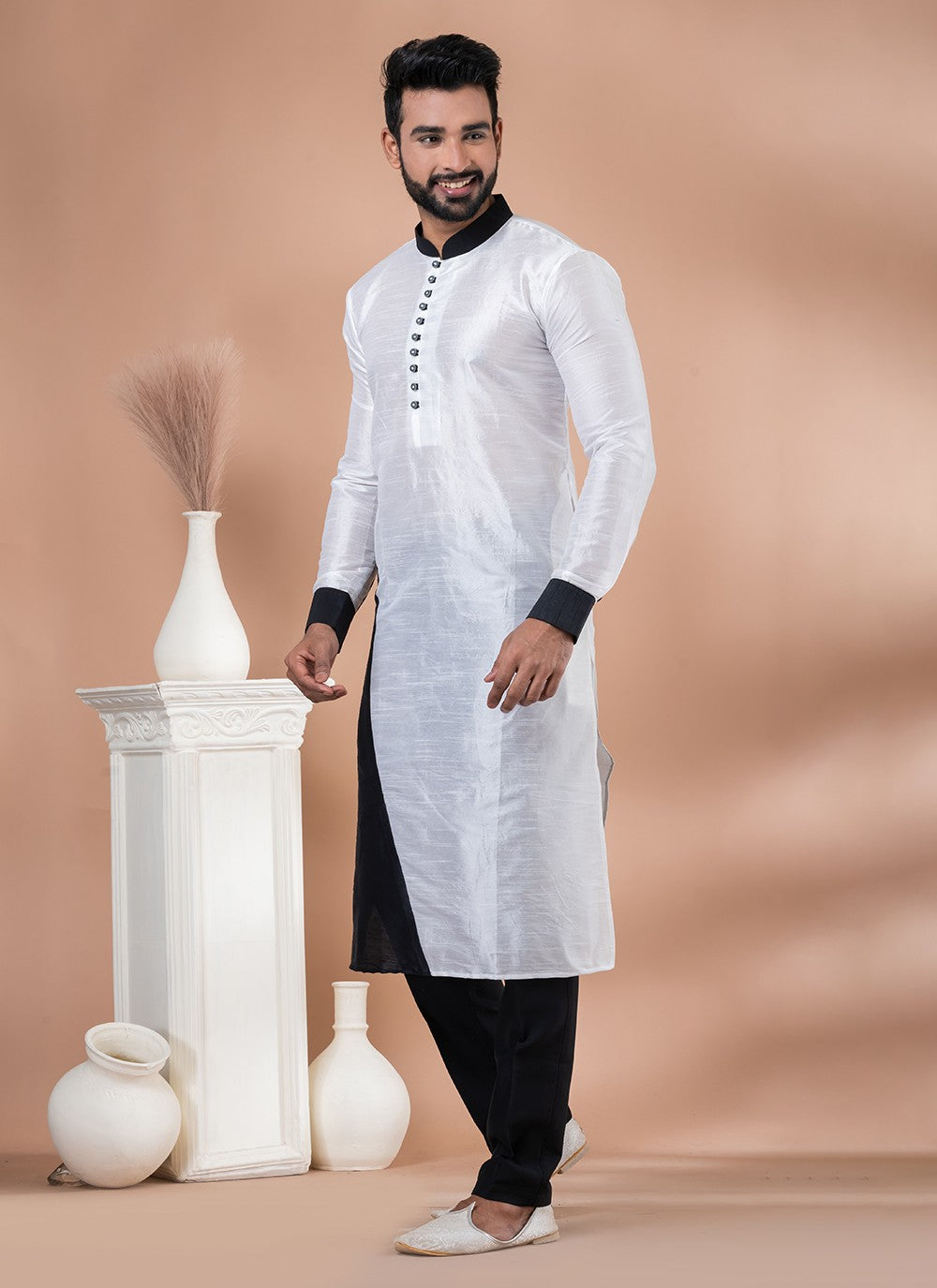 Fancy Work Banarasi Silk Black, White Kurta Pyjama - M7010