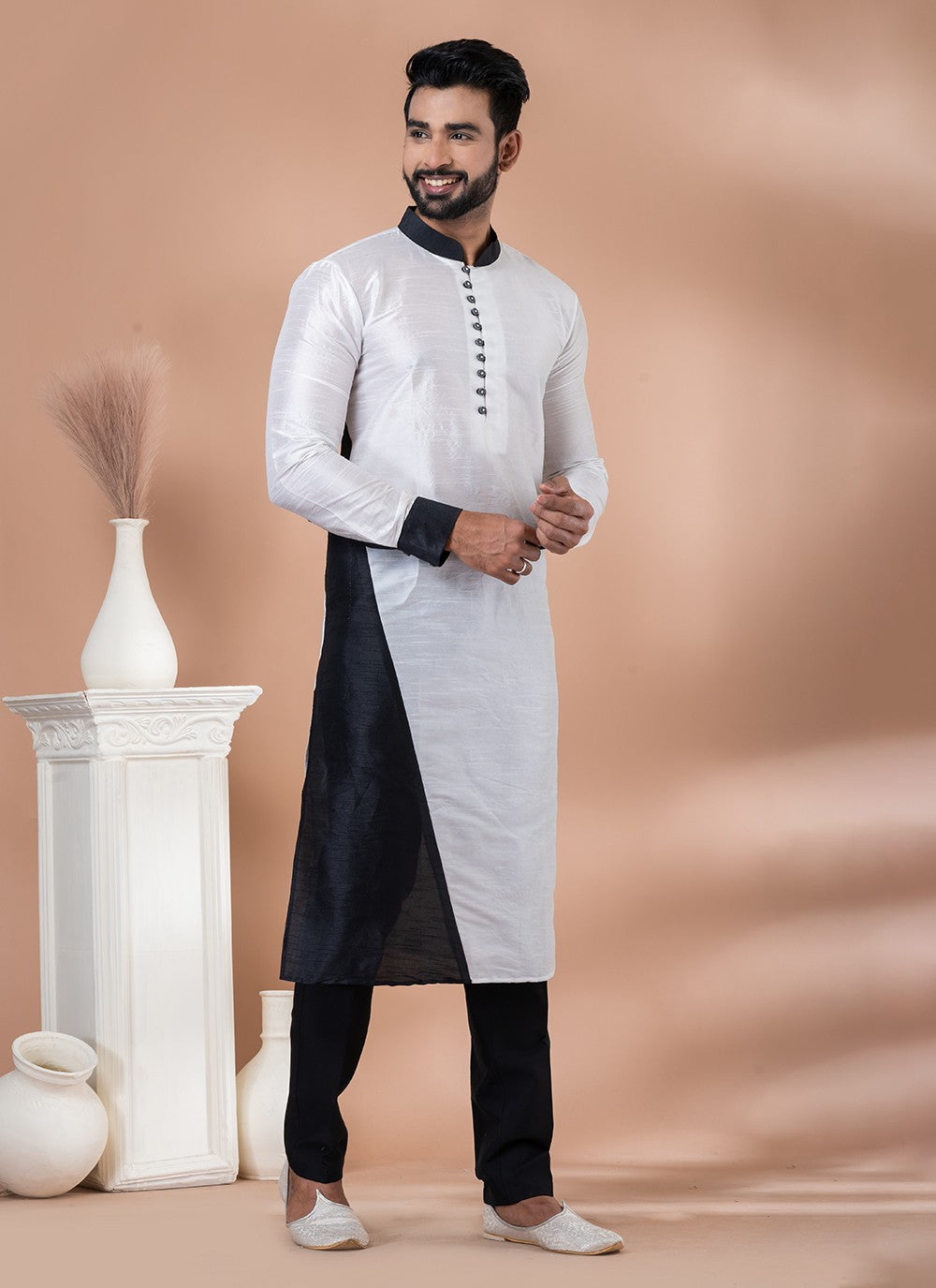 Fancy Work Banarasi Silk Black, White Kurta Pyjama - M7010