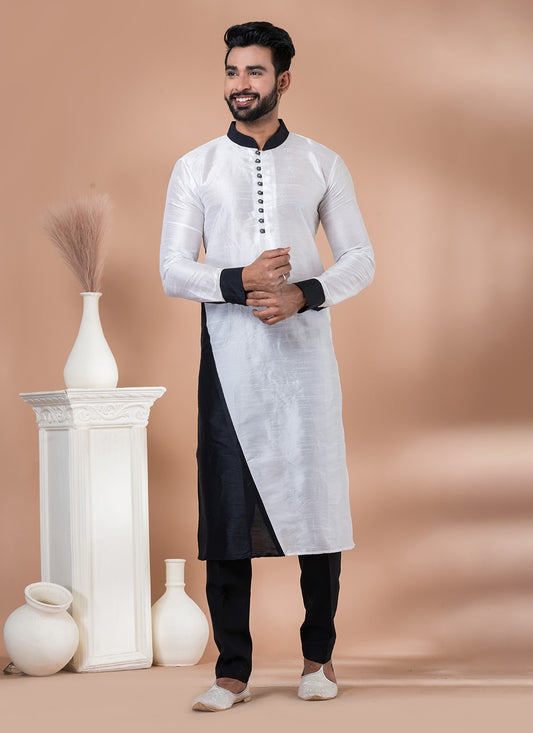 Fancy Work Banarasi Silk Black, White Kurta Pyjama - M7010