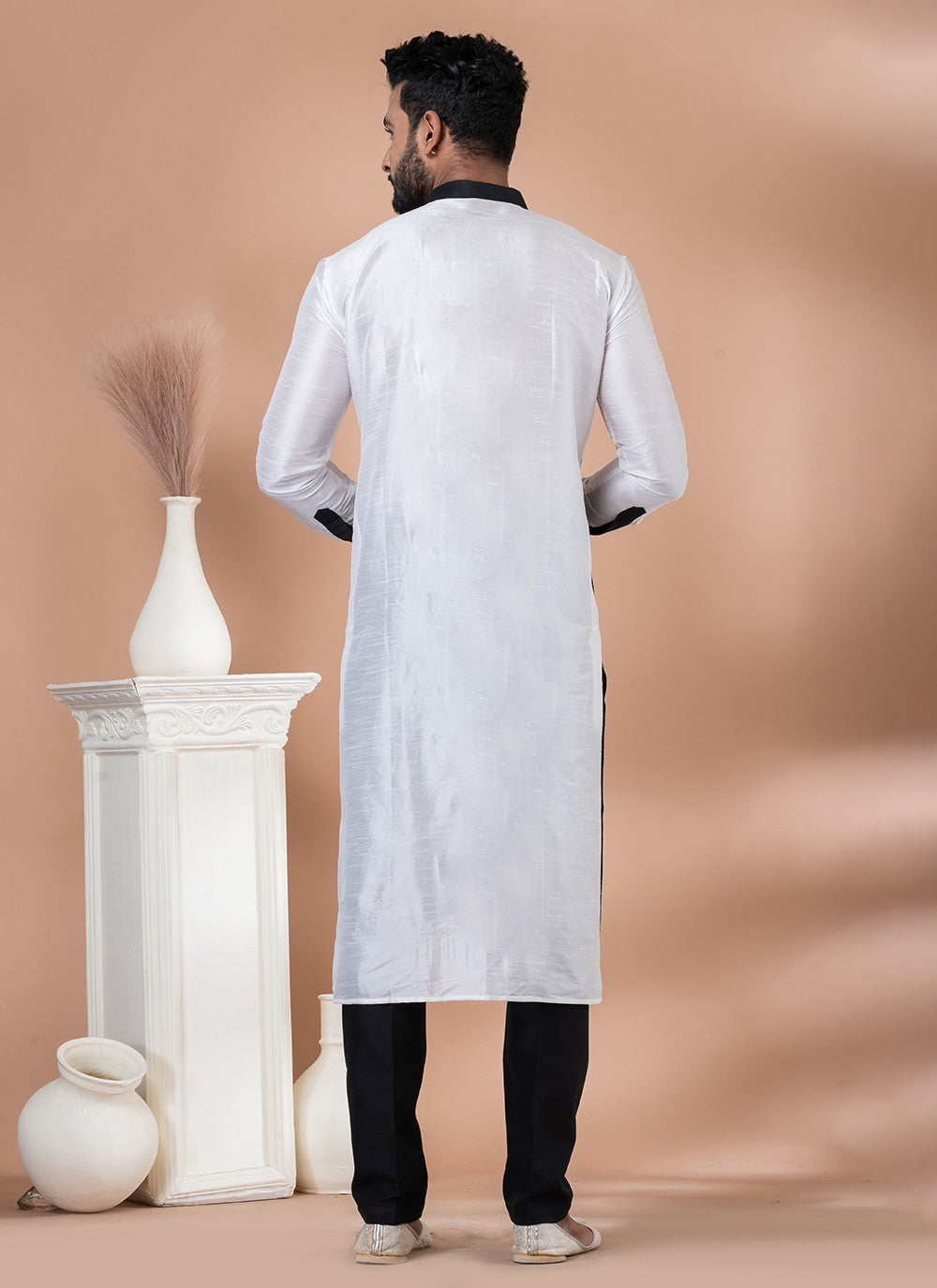 Fancy Work Banarasi Silk Black, White Kurta Pyjama - M7010