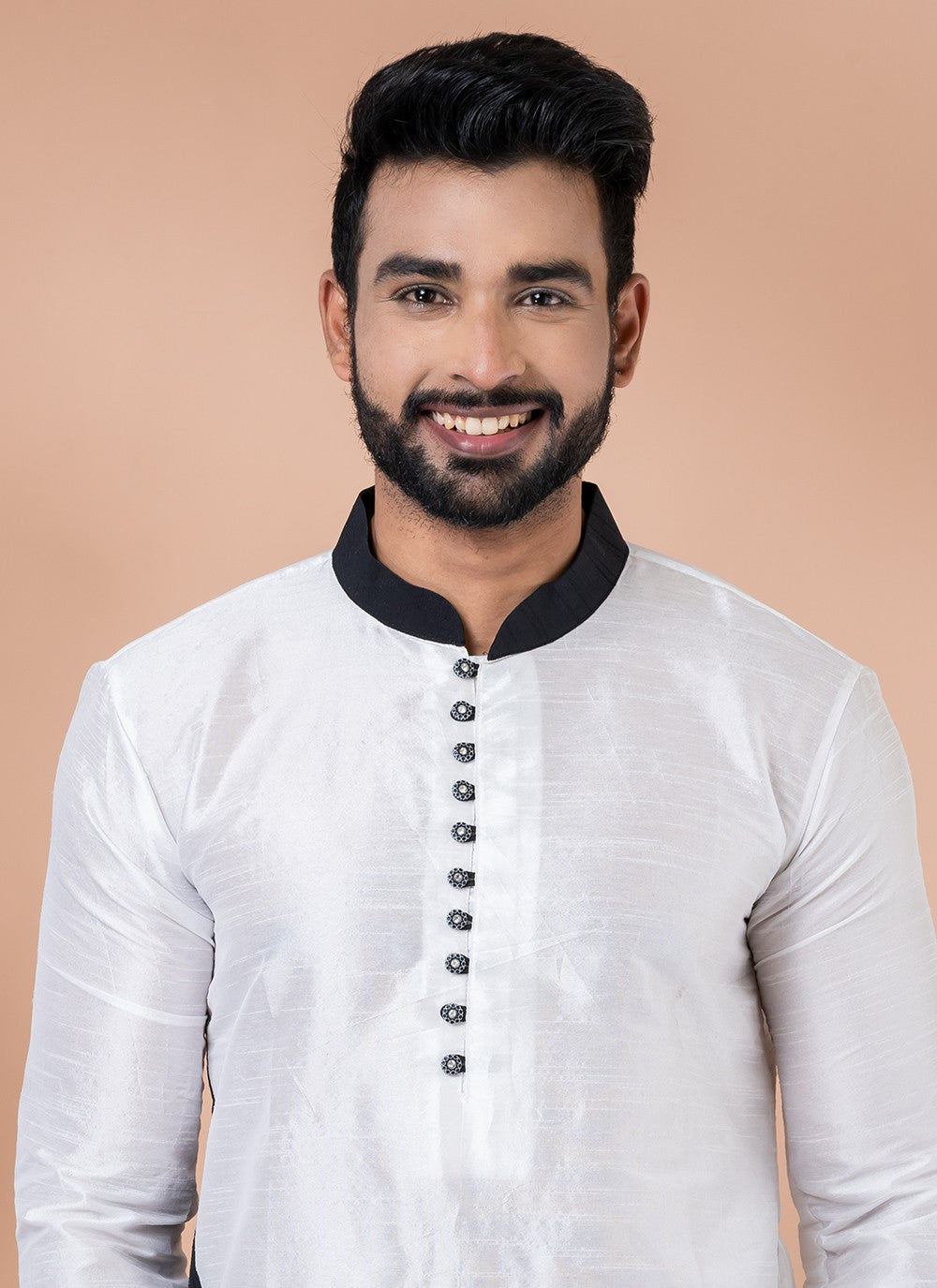 Fancy Work Banarasi Silk Black, White Kurta Pyjama - M7010