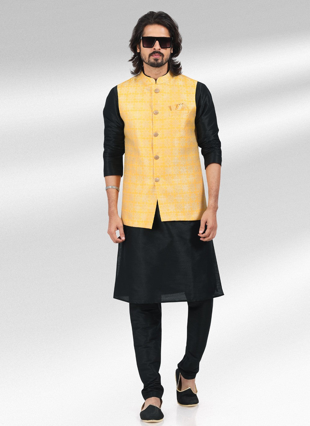 Fancy Work Banarasi Jacquard Black, Yellow Kurta Payjama With Jacket - M4598