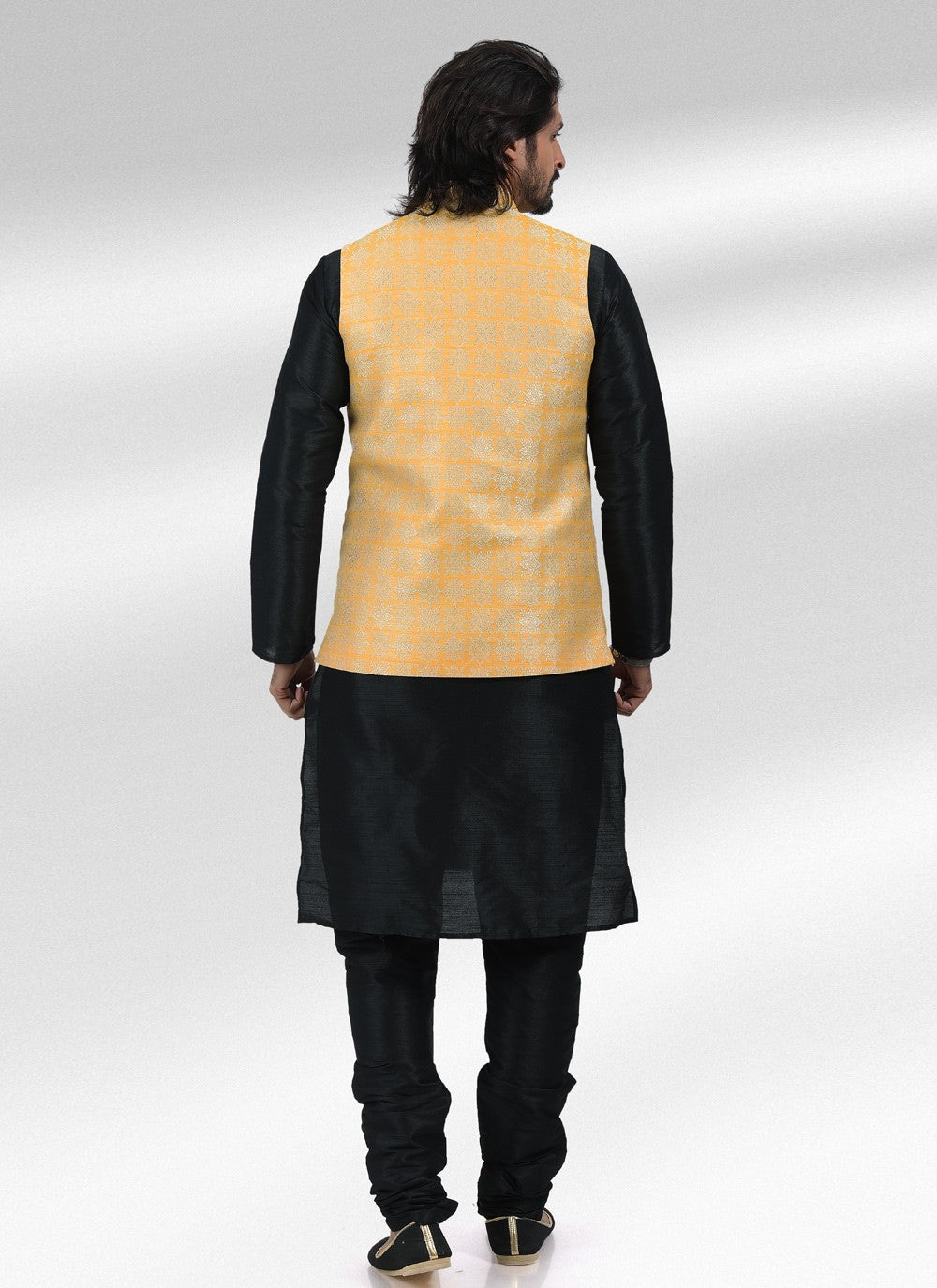 Fancy Work Banarasi Jacquard Black, Yellow Kurta Payjama With Jacket - M4598