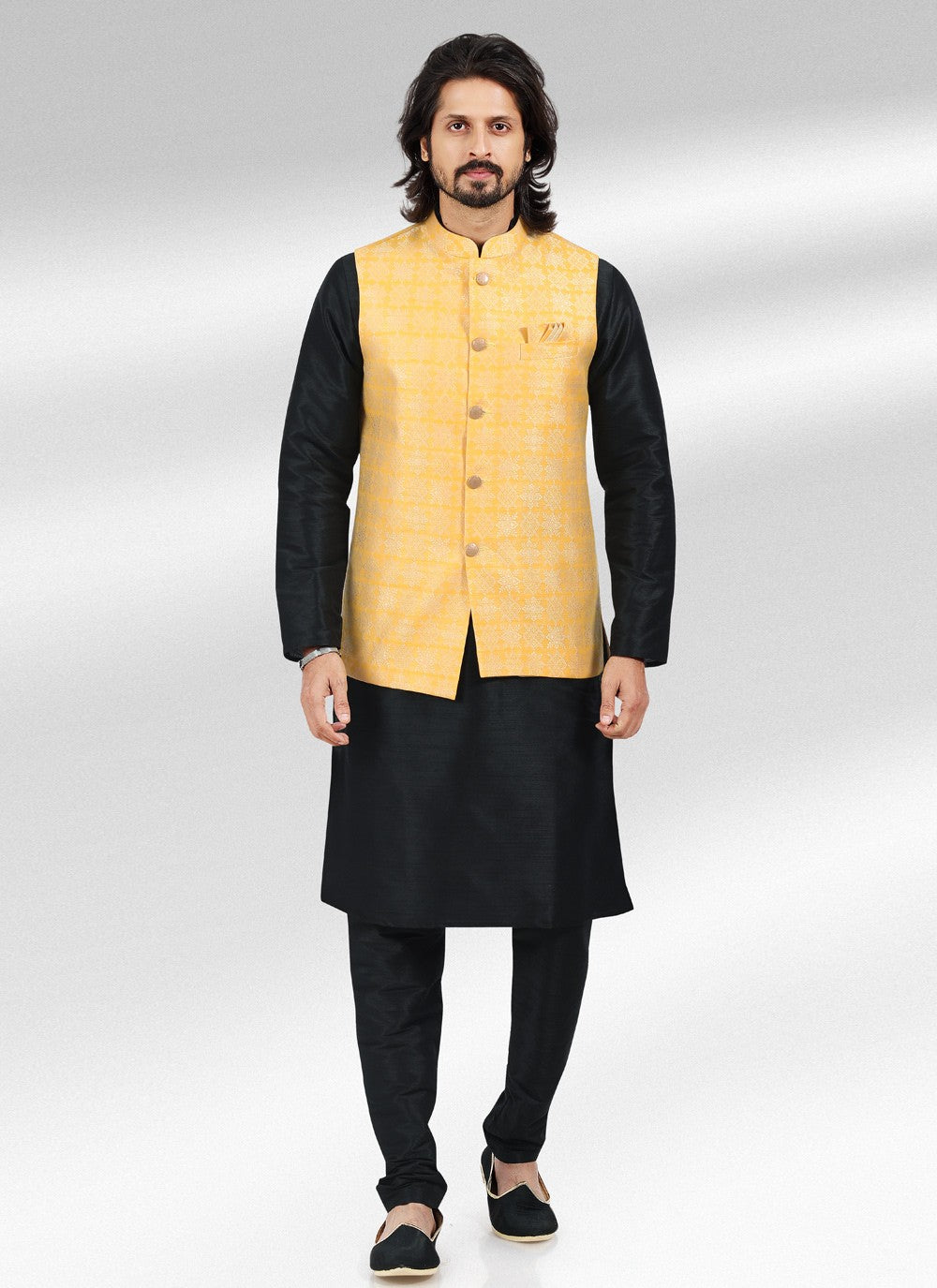 Fancy Work Banarasi Jacquard Black, Yellow Kurta Payjama With Jacket - M4598